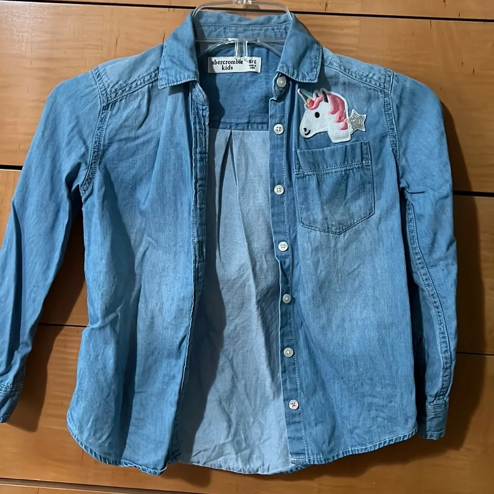 Abercrombie Kids Light Blue Denim Button-Down Shirt with Unicorn Patch